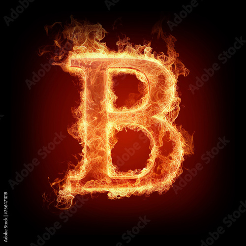 Letter B made of fire flames with sparks isolated on black background