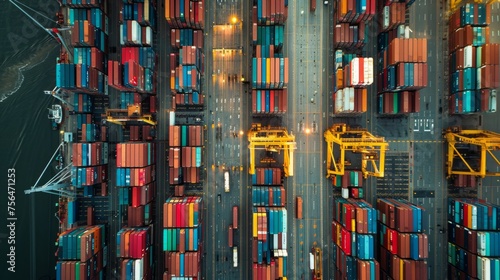 An aerial view shows the complex structure of a seaport with neatly stacked colorful containers, massive cranes and a loading cargo ship. Business logistics concept