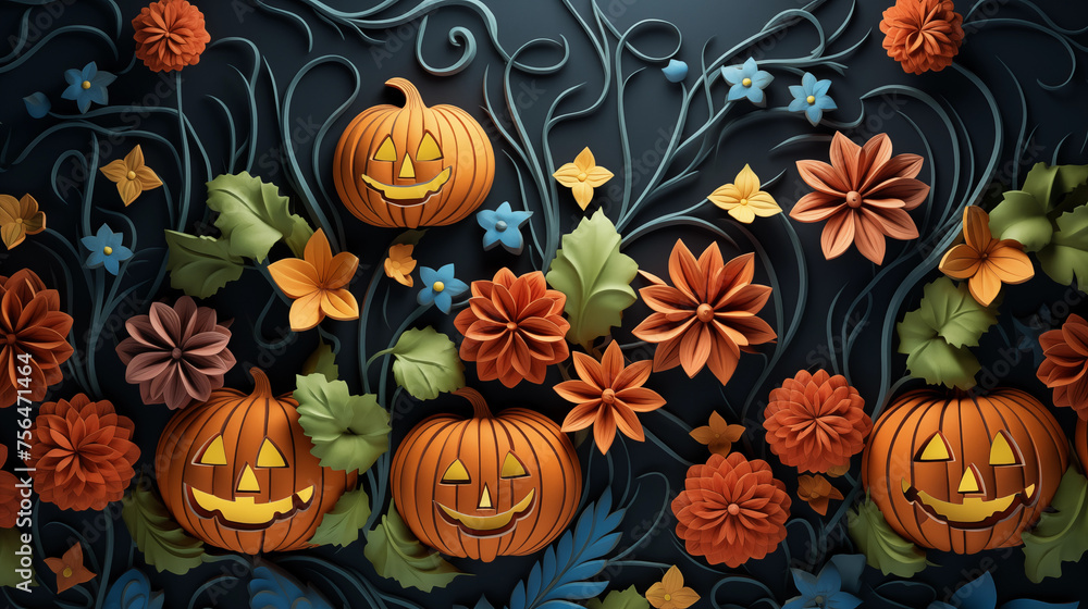 Stylized Halloween Paper Art with Pumpkins and Autumn Flowers. Stylized Halloween Paper Art with Pumpkins and Autumn Flowers.