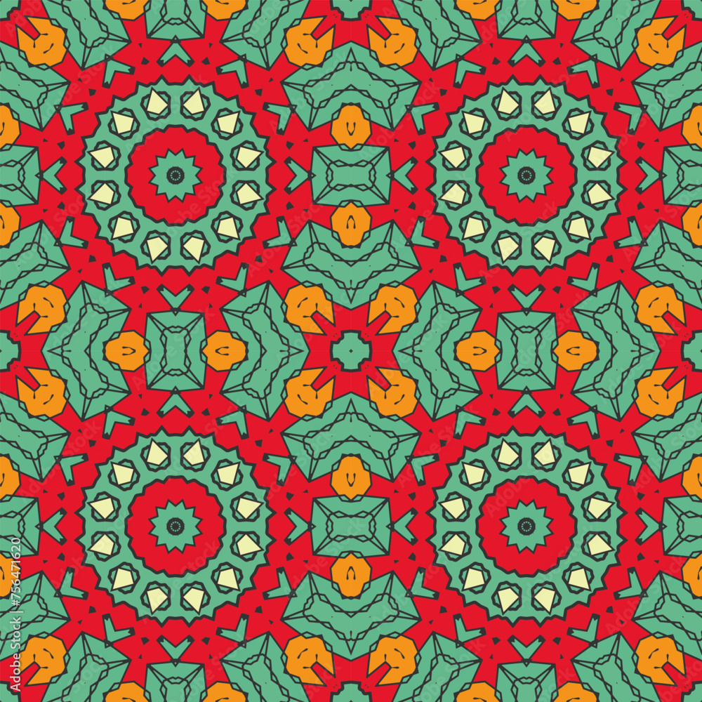 Seamless pattern with multi-colored fairy-tale ornament. The palette is dominated by red, yellow and blue colors. Vector illustration