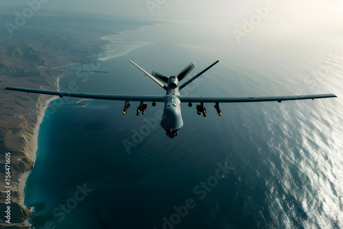 Militärische Drohne vom Typ Reaper über dem Meer, erstellt mit generativer KI