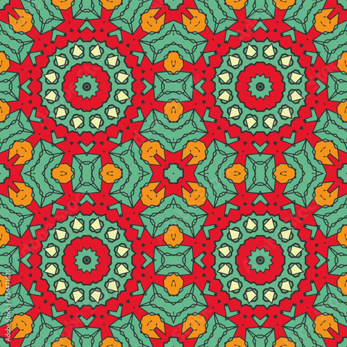 Seamless pattern with multi-colored fairy-tale ornament. The palette is dominated by red, yellow and blue colors. Vector illustration