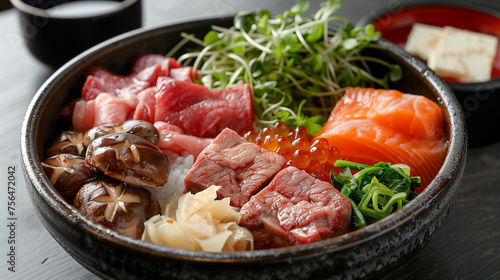 The photo shows the shabushabi dish, which includes various ingredients such as meat and vegetables in an iron pot. There is one piece of beef on top, some green leaves, mushrooms and white smoke. 