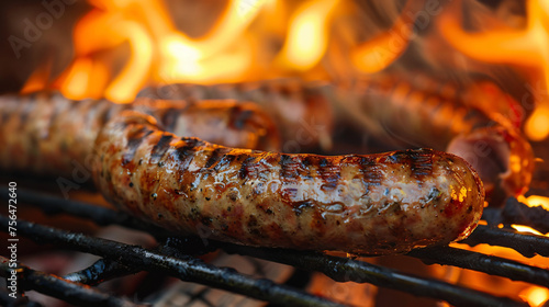 Grilled Sausage on the flaming Grill