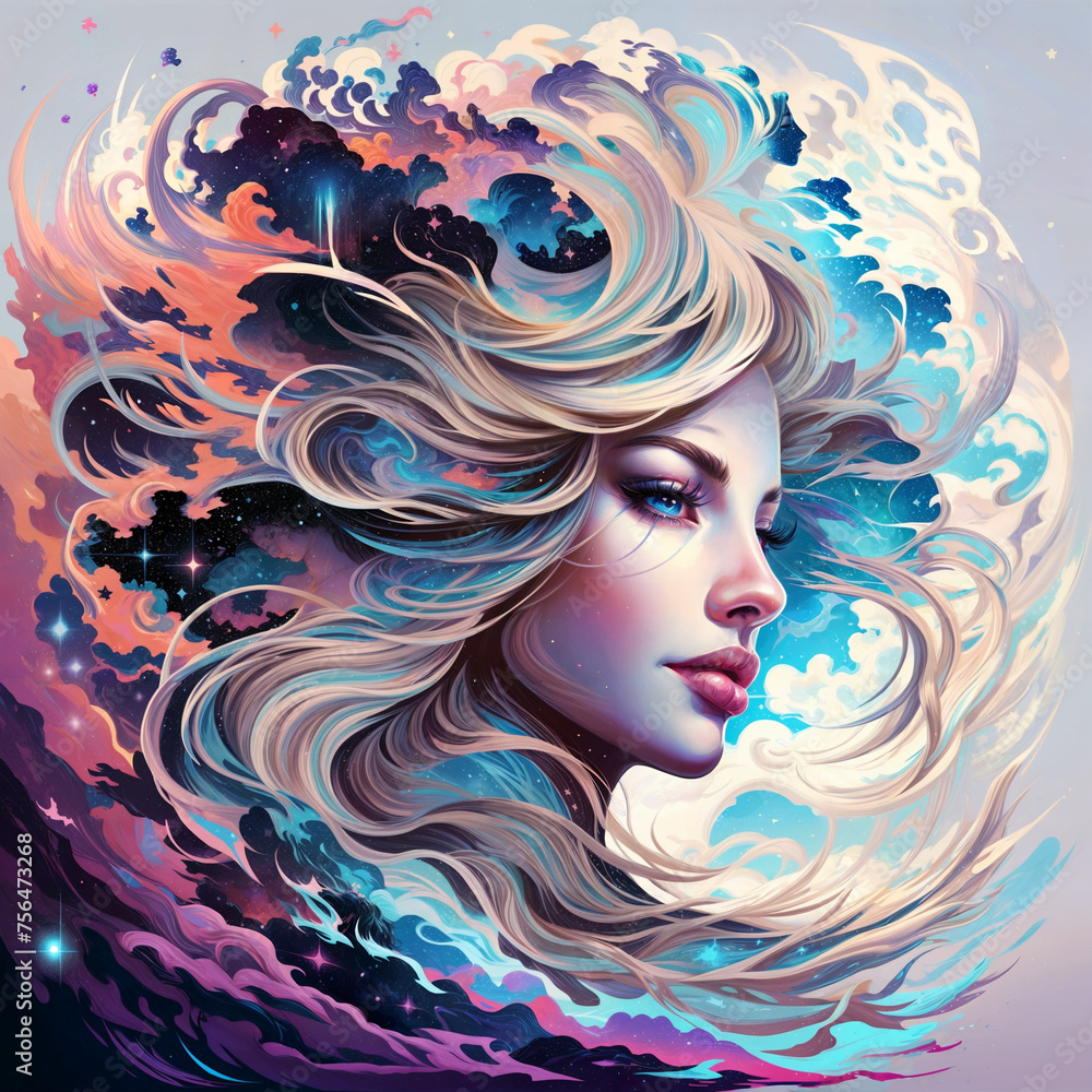 Element. Weather. A girl surrounded by waves. Portrait of a beautiful young woman.