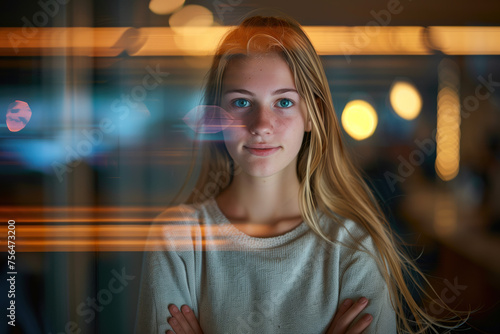 Portrait of a female student thinking about his future. Blurred background, long exposure, bokeh. Created with Generative AI technology.
