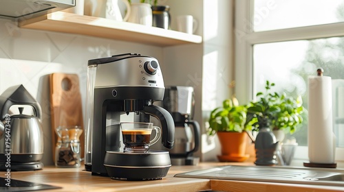 A coffee maker and coffee brewing machine can be seen in a clean and tidy modern kitchen photo