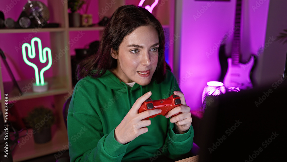 A young woman engaged in gaming in a neon-lit room at night, radiating focus and enjoyment.