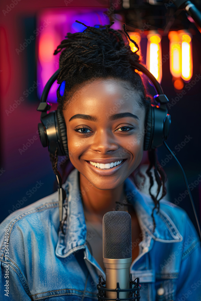 A beautiful female DJ doing a podcast in a studio A beautiful female DJ doing a podcast in a studio