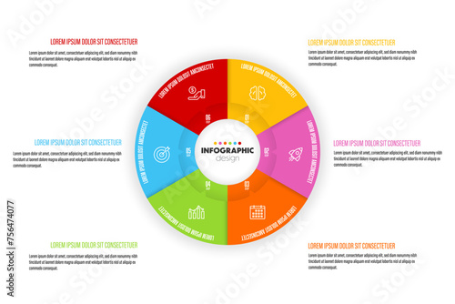  Vector circular diagram divided into six colorful sections with icons representing startup development strategies.