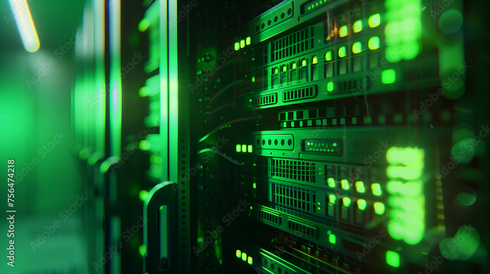 3d rendering of computer storage equipment with green light in server room data center