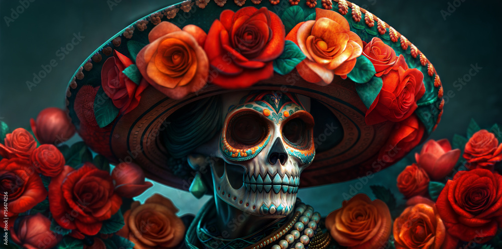 Vibrant backdrop featuring a decorated skull wearing a flower-adorned sombrero for dia de los muertos. Mexican background for Mexico festive festival Cinco de mayo