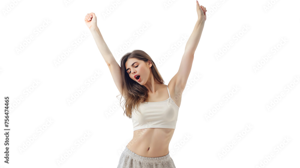 Woman with blonde hair standing in a studio, smiling and raising one hand in woke up Woman with blonde hair standing in a studio, smiling and raising one hand in woke up