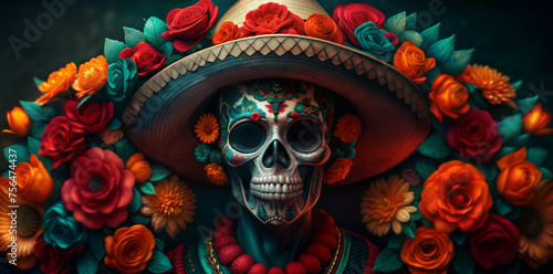 Colorful dia de los muertos skull with floral elements and a traditional hat on a dark background. Mexican backdrop for Mexico festive festival Cinco de mayo