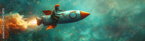 Business man flying on top of rocket startup creation concept photo