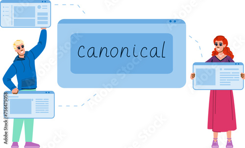 internal canonicalization vector. content hyperlink, external marketing, canonical reciprocal internal canonicalization character. people flat cartoon illustration