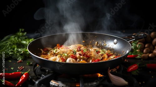 Traditional rendang cooking dish in a wok with sliced spices on a dark background