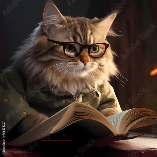 A cat wearing glasses reading a book. 