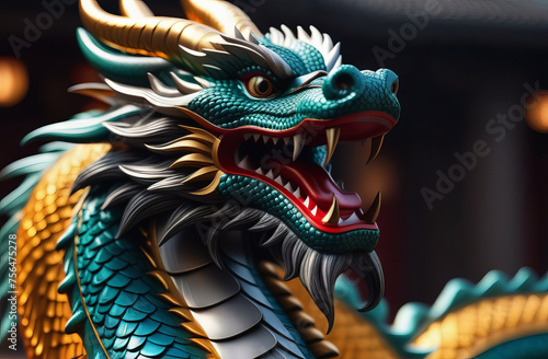 Big traditional mystical Chinese dragon from fairy tales and legends. Fantasy dragon on black Background. Year of the Dragon