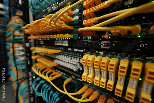 fiber optic cables and network switch in data center closeup