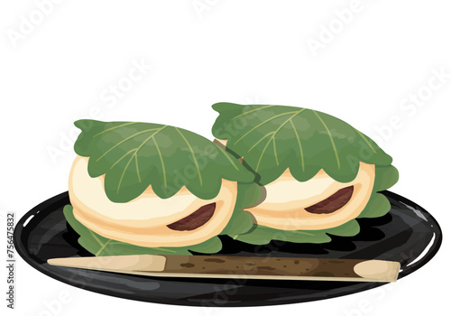 お盆にのせた白い柏餅　2つ　菓子切つき　二つ折り