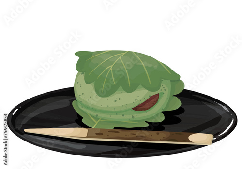 お盆にのせたよもぎの柏餅　菓子切つき　二つ折り