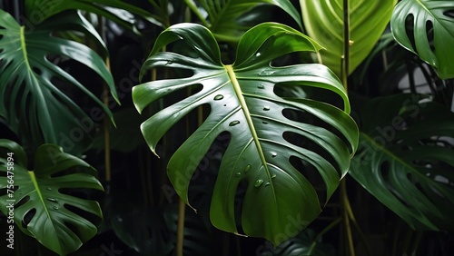 Close-up of green leaves in a garden, Monstera plant, showcasing the texture and beauty of nature's foliage in spring