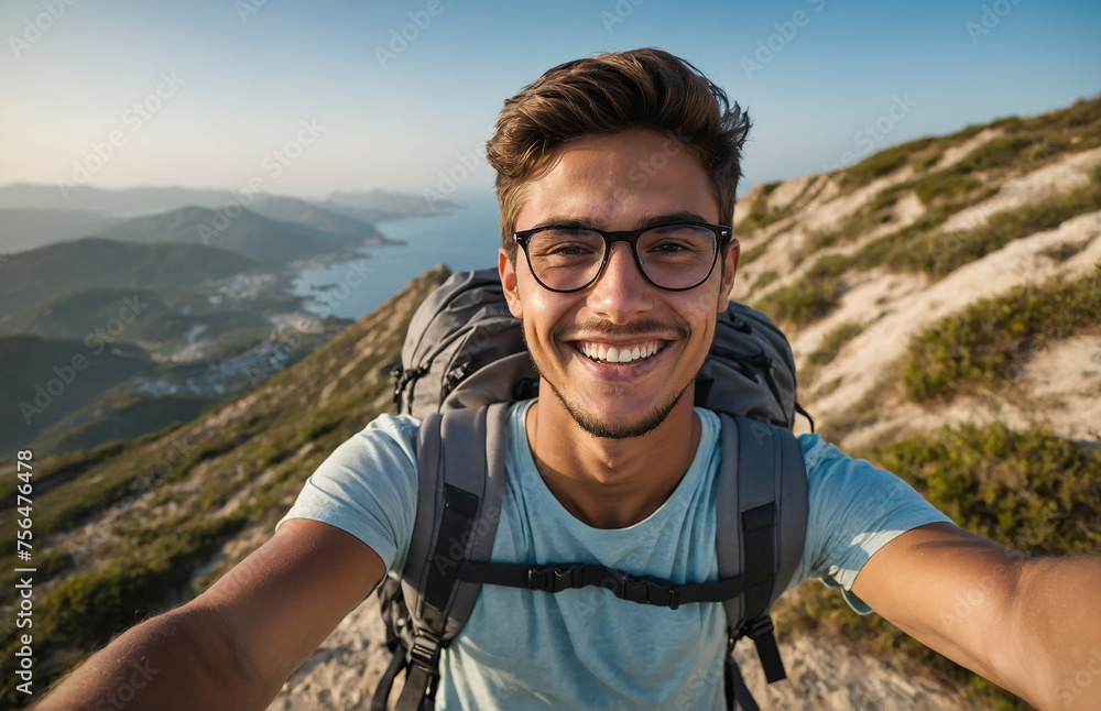 man on the mountain taking selfies and smiling, adventure, travel man on the mountain taking selfies and smiling, adventure, travel