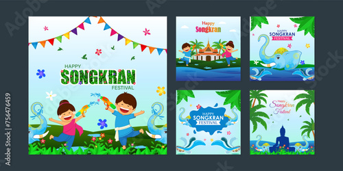 Vector illustration of Happy Songkran festival social media feed set template