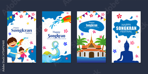 Vector illustration of Happy Songkran festival social media feed set template