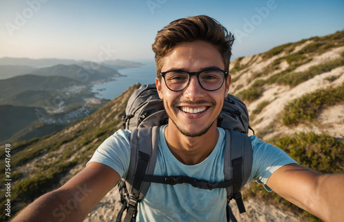 man on the mountain taking selfies and smiling, adventure, travel