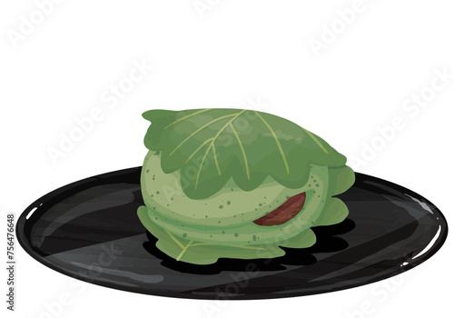 お盆にのせたよもぎの柏餅　二つ折り