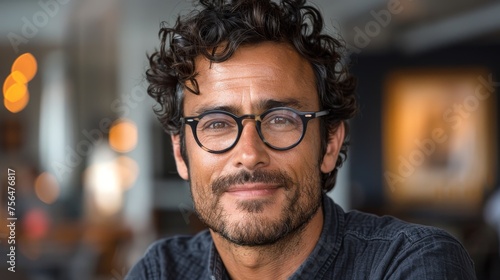 smiling man with black curly hair in glasses 