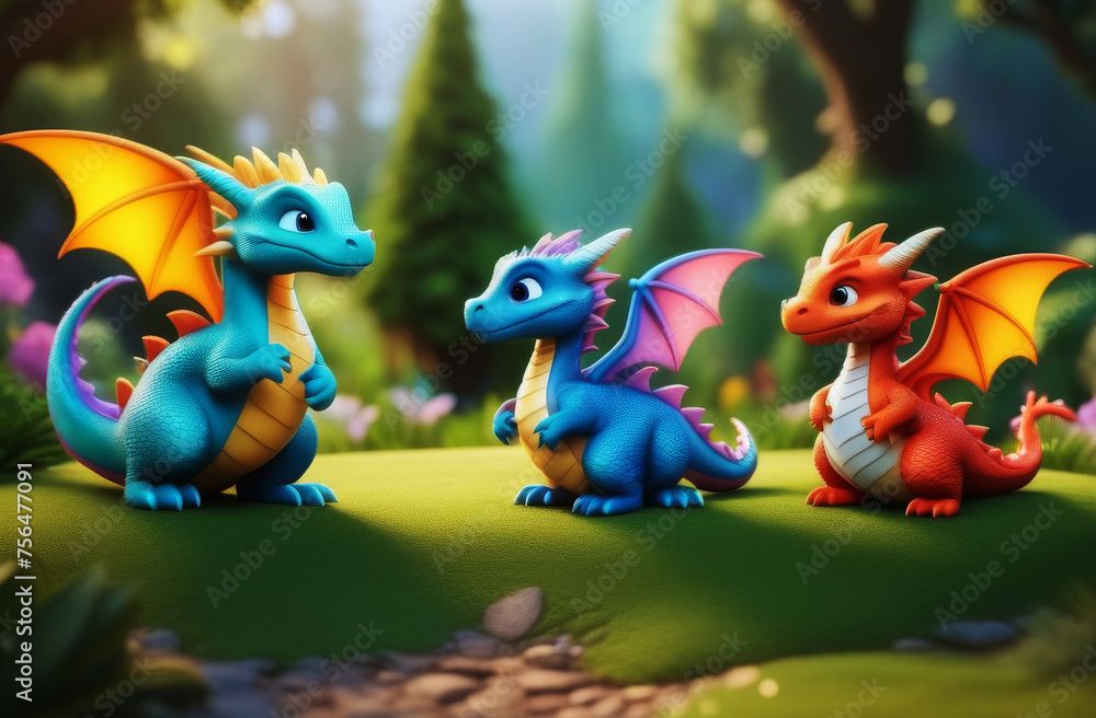 Naklejka premium Cute adorable colored baby dragon cartoon. Fairytale dragon character in the style of children-friendly cartoon animation fantasy art