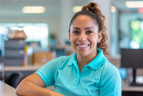 smiling hispanic woman staff at work wearing blue polo collar shirt in office photo
