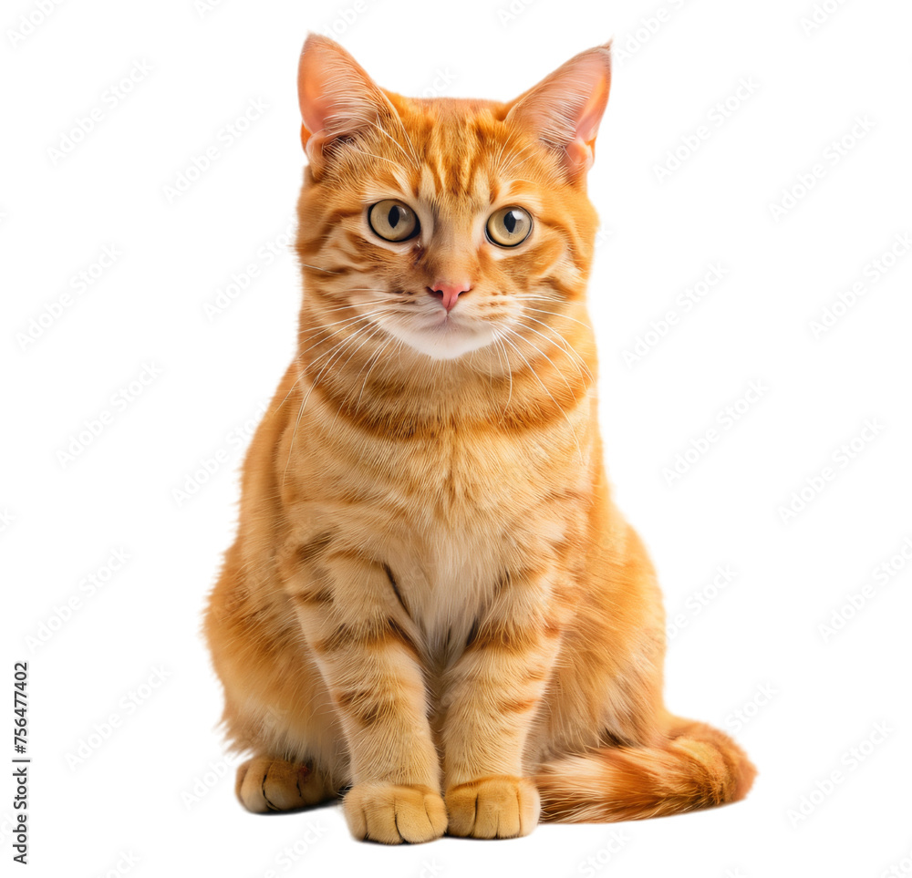 Orange British cat sitting isolated, cute kitten portrait