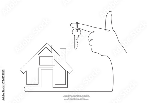 One continuous drawn single art line doodle sketch realtor hands symbol keys house. The concept of real estate sales