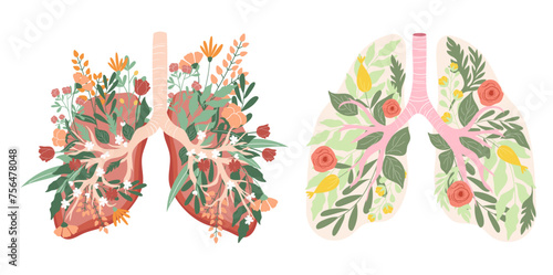 Set of two handdrawn human lungs full of colourful gentle flowers and leaves.