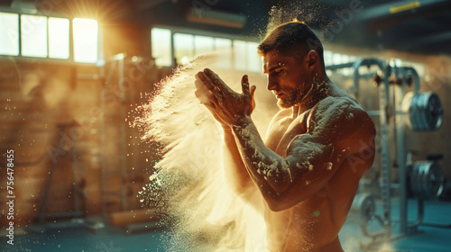 An energetic gym scene with a weightlifter clapping.