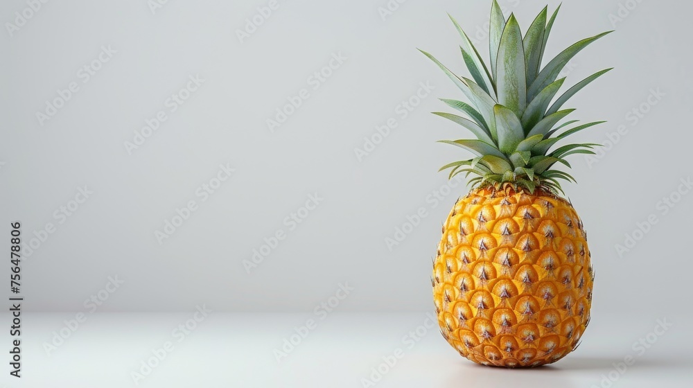 Perfectly ripe pineapple standing upright on a white background with green leaves. Juicy, fresh pineapple with a textured skin, ideal for healthy diets. Perfectly ripe pineapple standing upright on a white background with green leaves. Juicy, fresh pineapple with a textured skin, ideal for healthy diets.
