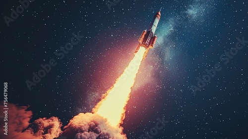 illustration of spacecraft launching into a night sky, isometric