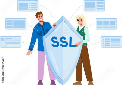 website ssl secure sockets layer vector. tls url, domain encryption, certificate web website ssl secure sockets layer character. people flat cartoon illustration