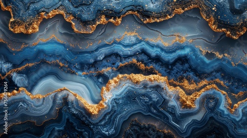 This abstract painting features swirls of marble or ripples of agate. It is beautifully painted with gold powder added to the blue hue....