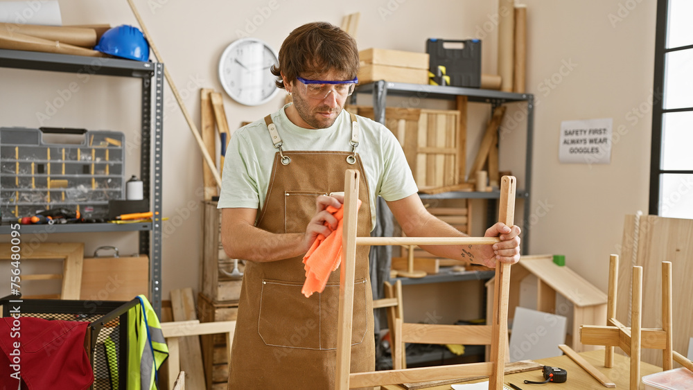 Caucasian craftsman wearing safety glasses cleans chair in well-equipped carpentry studio