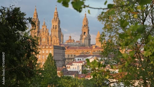 Gimbal shot of Santiago de Compostela Cathedral at sunset. Final point of pilgrims walking path of the Camino de Santiago. Santiago de Compostela, Spain
