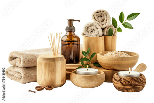 Set of Spa equipment, Towels, scented candles oils and accessories for spa treatments on a transparent background