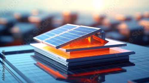 Smart home 3d model with solar panels for renewable energy on blurred background with text space © Ilja