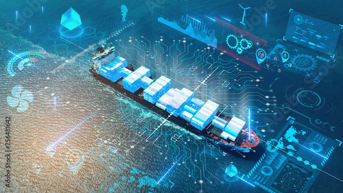 AI technology. Global Logistics international delivery concept, World map logistic and supply chain network distribution container Ship running for export import to customs cean concept technology