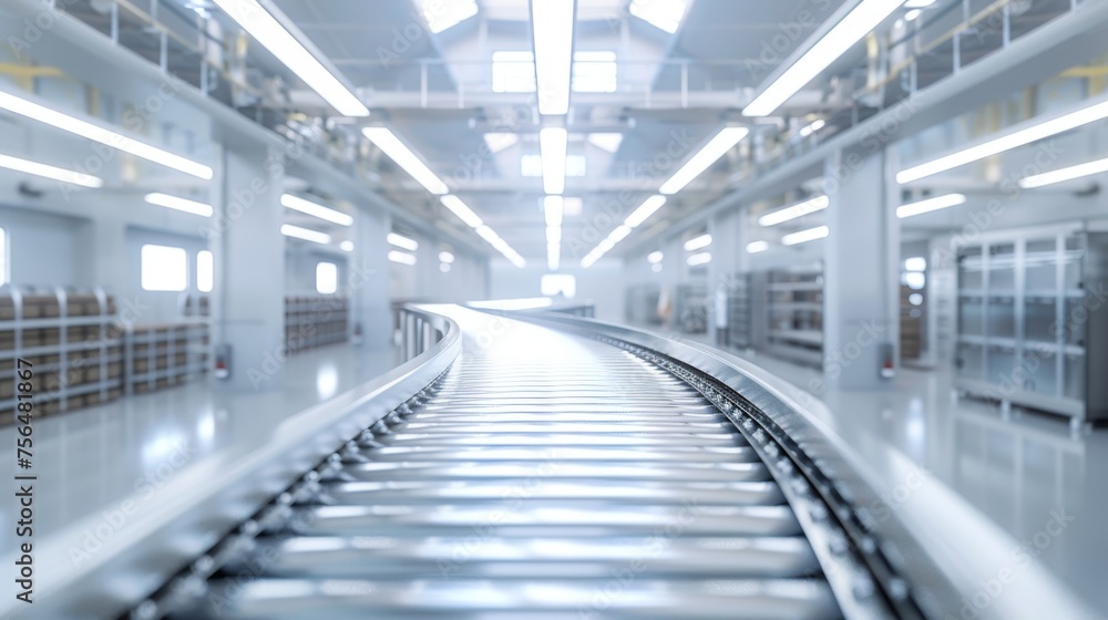Modern automated factory floor with busy conveyor belt and bright lighting Modern automated factory floor with busy conveyor belt and bright lighting