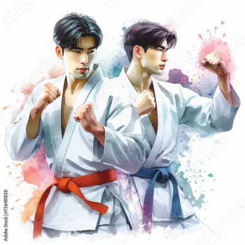 watercolor illustration of two men in kimono fighting karate and taekwondo